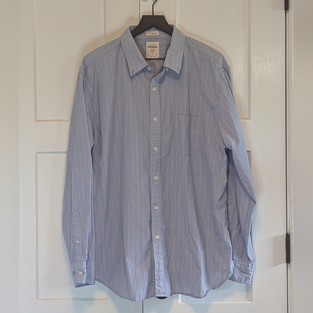 Fossil Blue Casual Button Down Shirt Lightweight Striped Office Work Excel Used